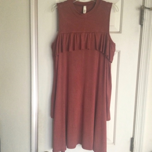 Elan Cold Shoulder Rust Swing Dress - Picture 3 of 8